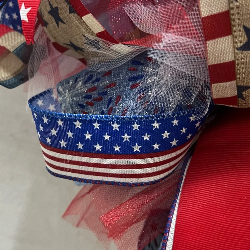 Welcome patriotic wreath, red white and blue mesh ribbon front door wreath.